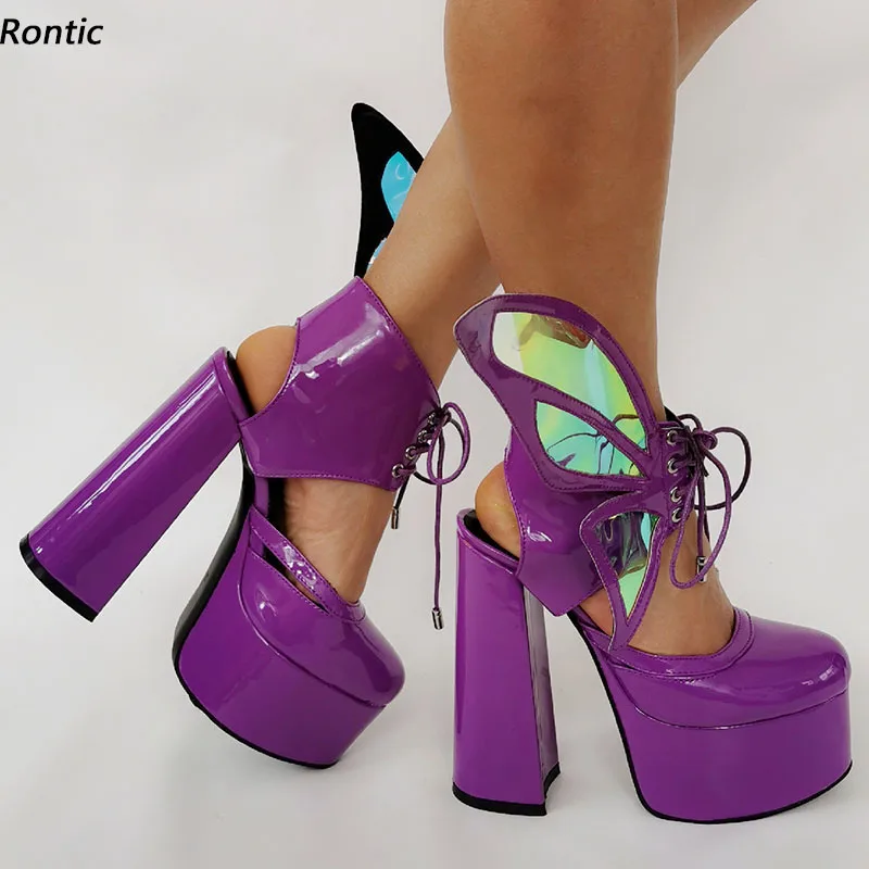 Rontic Handmade Women Platform Sandals Patent Wing Decoration Tacco Quadrato Punta Tonda Bellissime Scarpe Da Festa Rosse Viola Taglia Usa 5-15