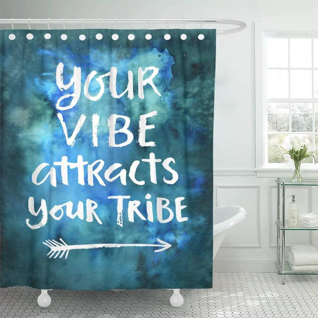 Blue Your Vibe Attracts Tribe Modern On Watercolor Green Shower Curtain Waterproof Fabric 60 X 72 Inches Set With Hooks