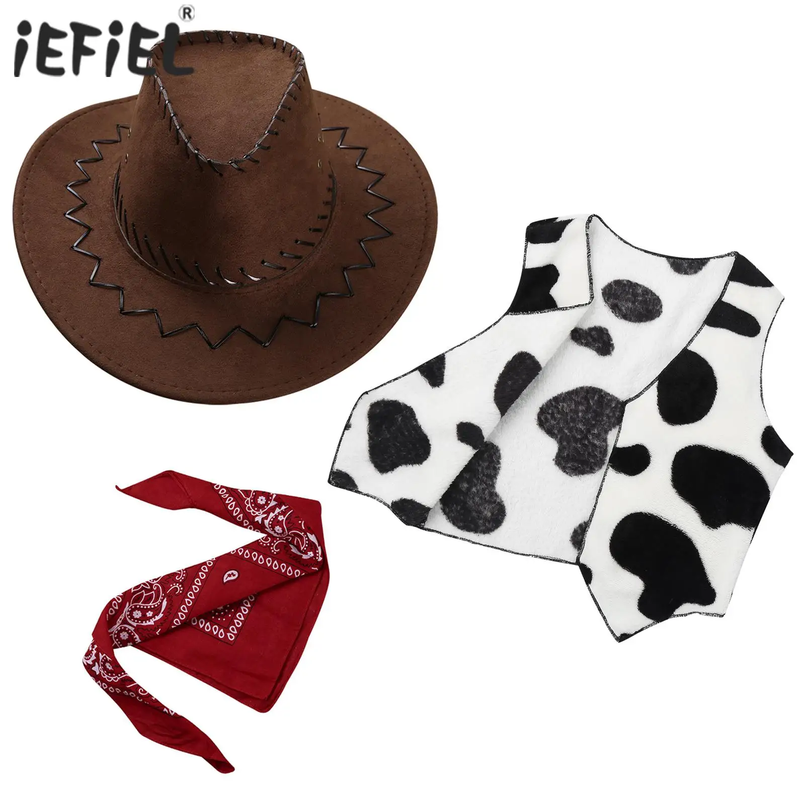 Bambini Cowgirl Western Cowboy Cosplay Outfit Cappello Stampa Bandana Flanella Senza Maniche Aperto Davanti Stampa Mucca Gilet Top Set