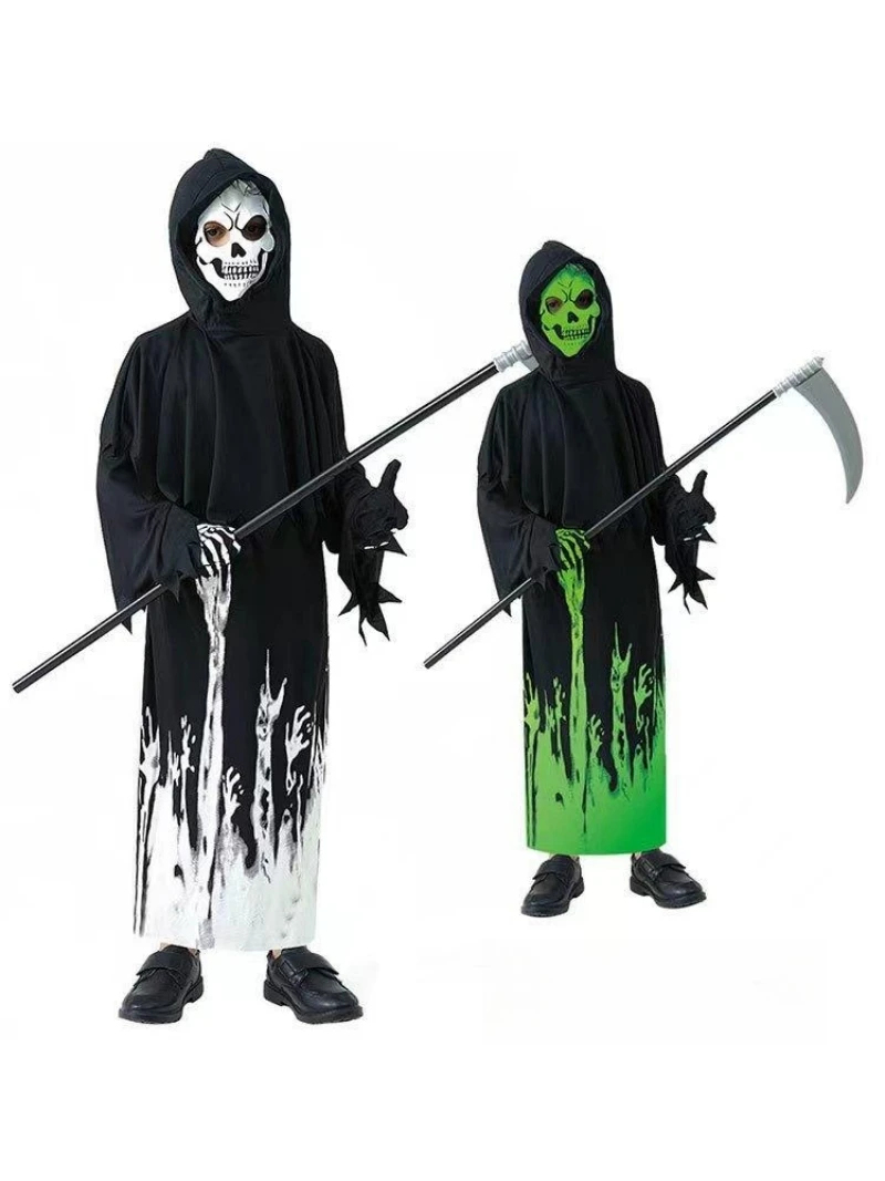 Halloween Grim Reaper Costume Costume Spaventoso Glow In The Dark Skull Face Covering Guanti Scheletro Grim Reaper Scythe