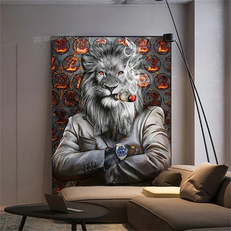 The Rich Businman Mr. Lion King Smoking Dollar Sigaretta Canvas Painting Luxury Animal Wall Art Poster Picture For Home Decor