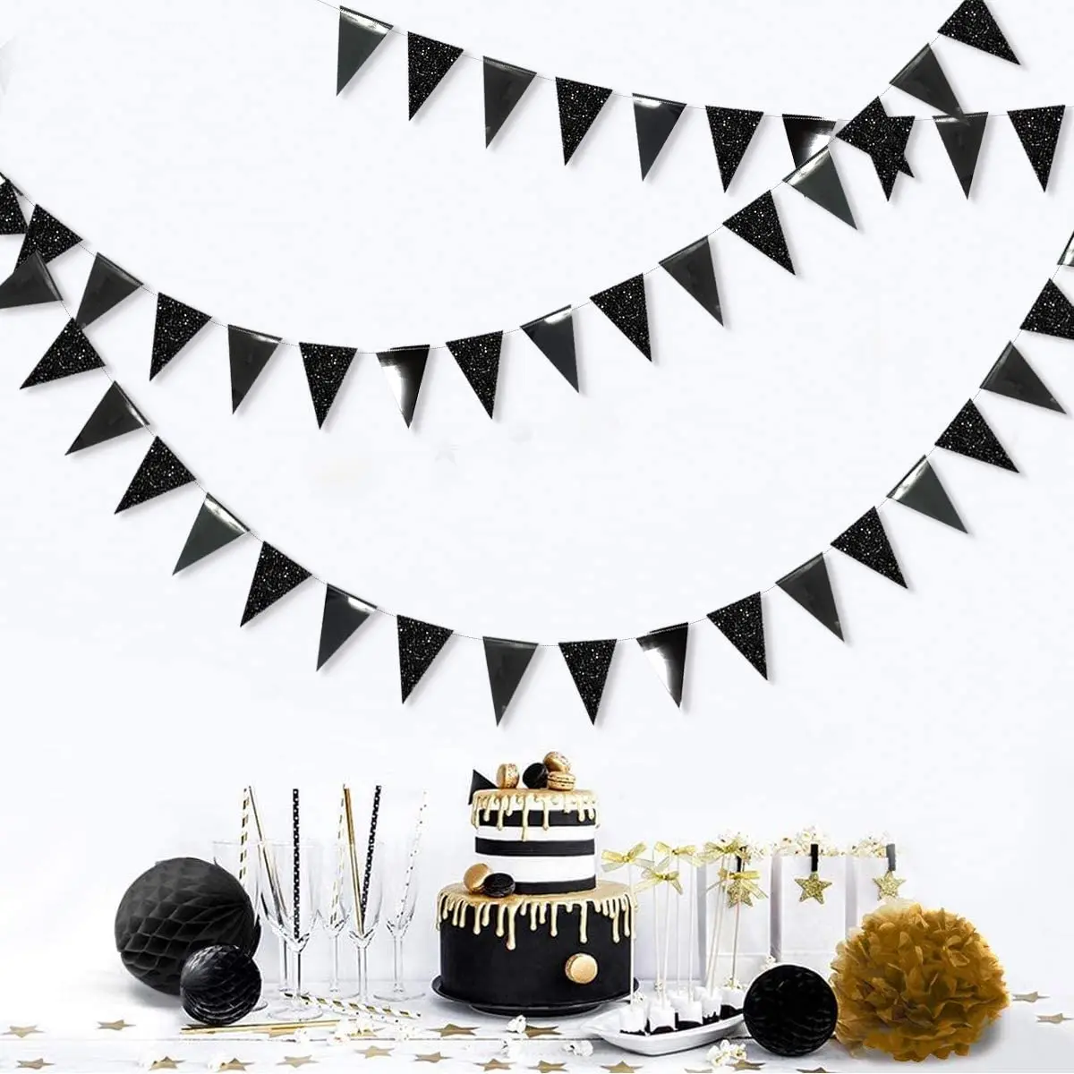 Halloween Hanging Garland Bunting Glitter Black Birthday Triangle Banner Paper Flag Capodanno Bunting Streamer Party Decoration