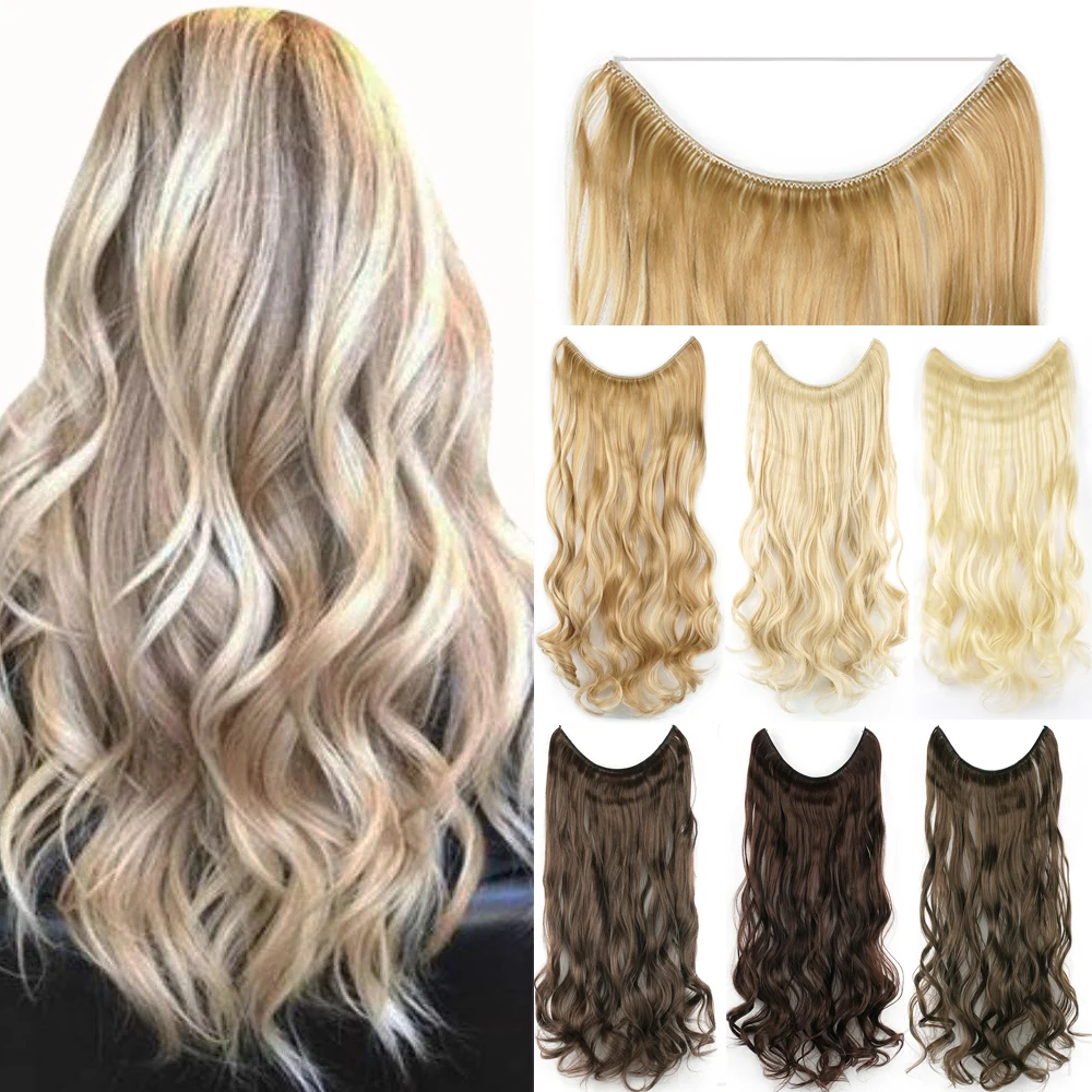Soowee 17 Colori Lungo Grigio Biondo Capelli Sintetici Hairpieces Extension Fish Line Invisibile Wavy Halo Hair Extensions Per Le Donne