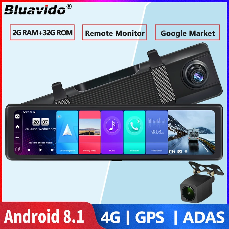 Bluavido 12 Pollici 4G Android Doppia Fotocamera Specchio Per Auto Videoregistratore Navigazione Gps Adas 1080P Dash Cams Sorveglianza Remota Wifi