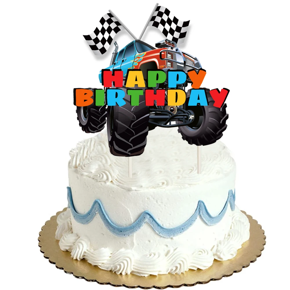 Monster Truck Cake Topper Favors Buon Compleanno Monster Truck Cake Topper Bandiera A Scacchi Cake Decor Monster Truck Party Supplies