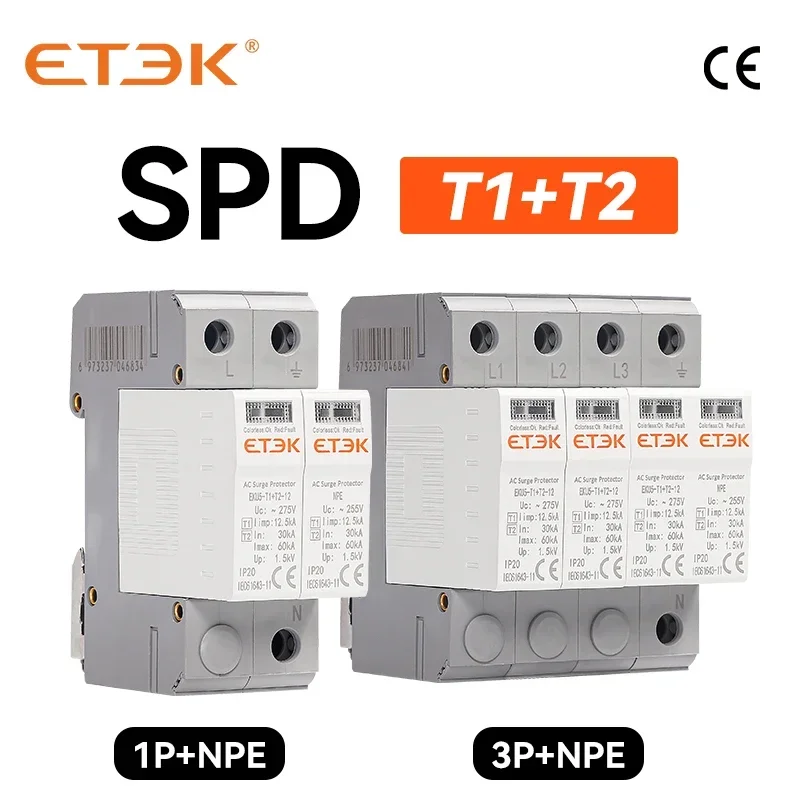 Etek Spd Tipo T1 + T2 House Lightning Surge Protector Protector Arrester Protection 2P 4P 1P + Npe 3P + Npe Eku5