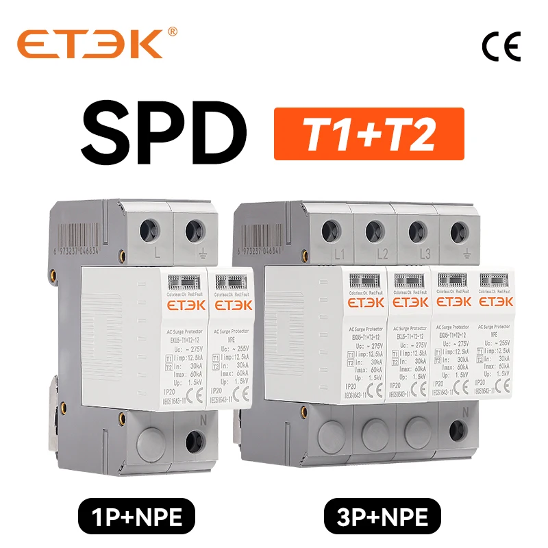 Etek Spd Tipo T1 + T2 House Lightning Surge Protector Protector Arrester Protection 2P 4P 1P + Npe 3P + Npe Eku5