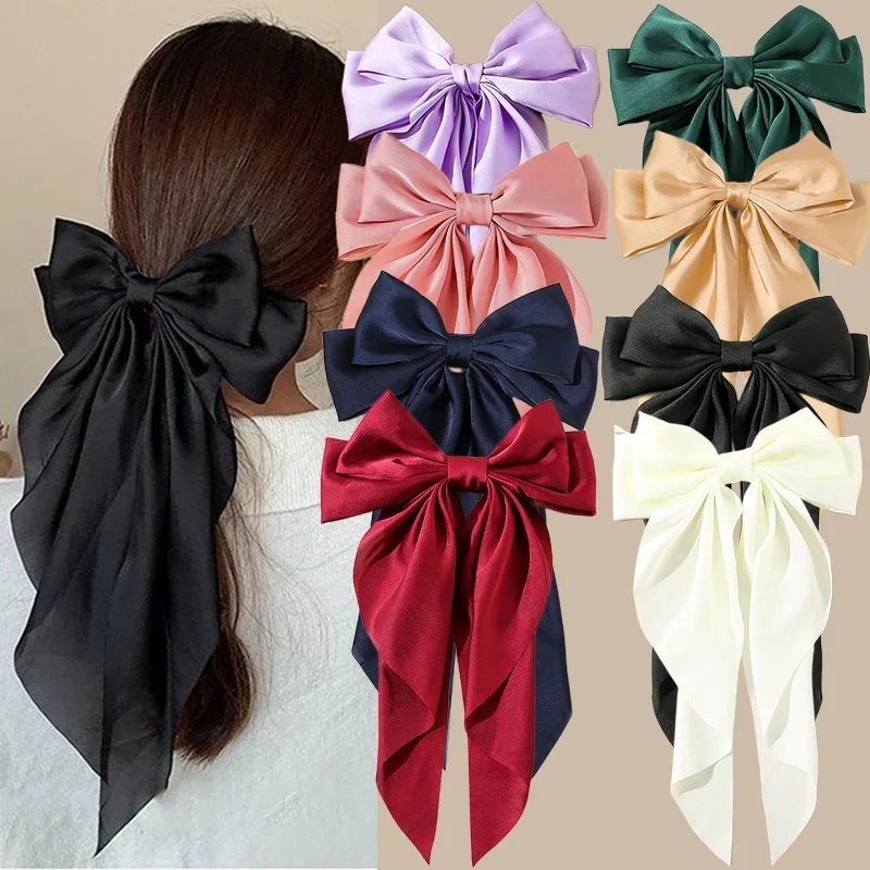 Accessori Coreani Fermagli Per Capelli Per Donna Ragazze Big Bowknot Solid Satin Long Ribbon Bows Morsetto A Molla Barette Cheveux Femme 2023