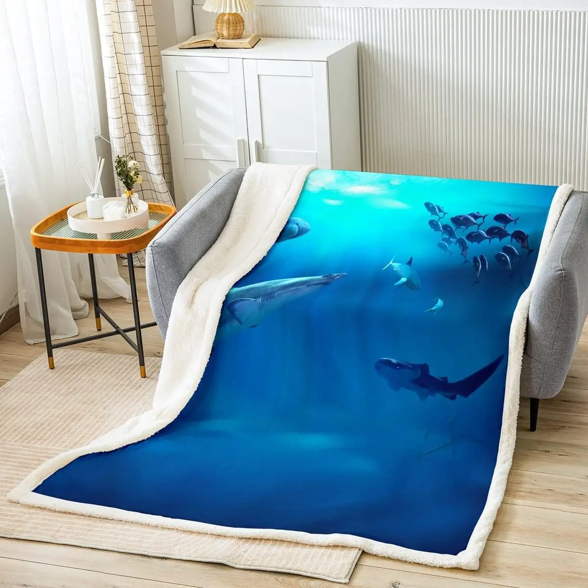 Bambini Shark Fleece Throw Coperta Ocean Sea Animal Sherpa Coperta Per Letto Divano Divano Sea Underwater World Decor Peluche