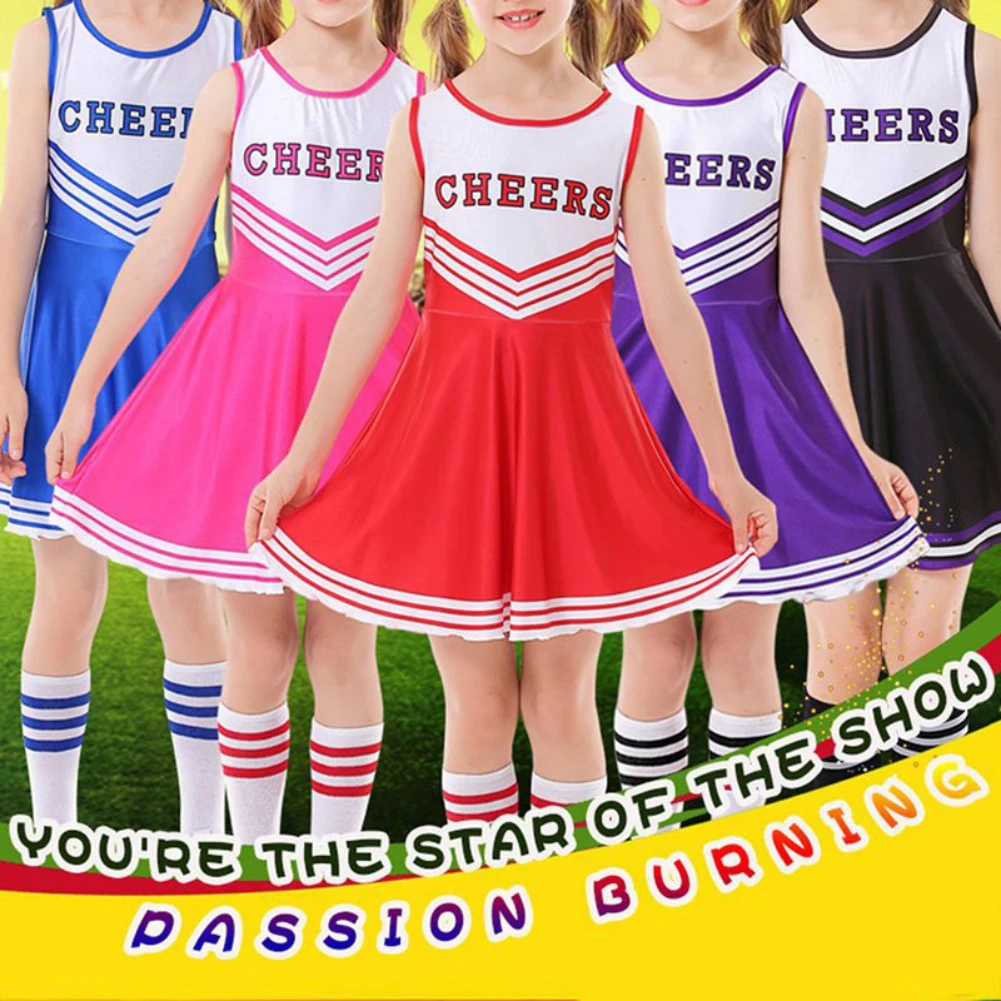 Kid Girls Cheerleader Costume Dress Pompon Outfit Purim Schoolgirl Cheer Stage Performance Uniforme Da Cheerleader