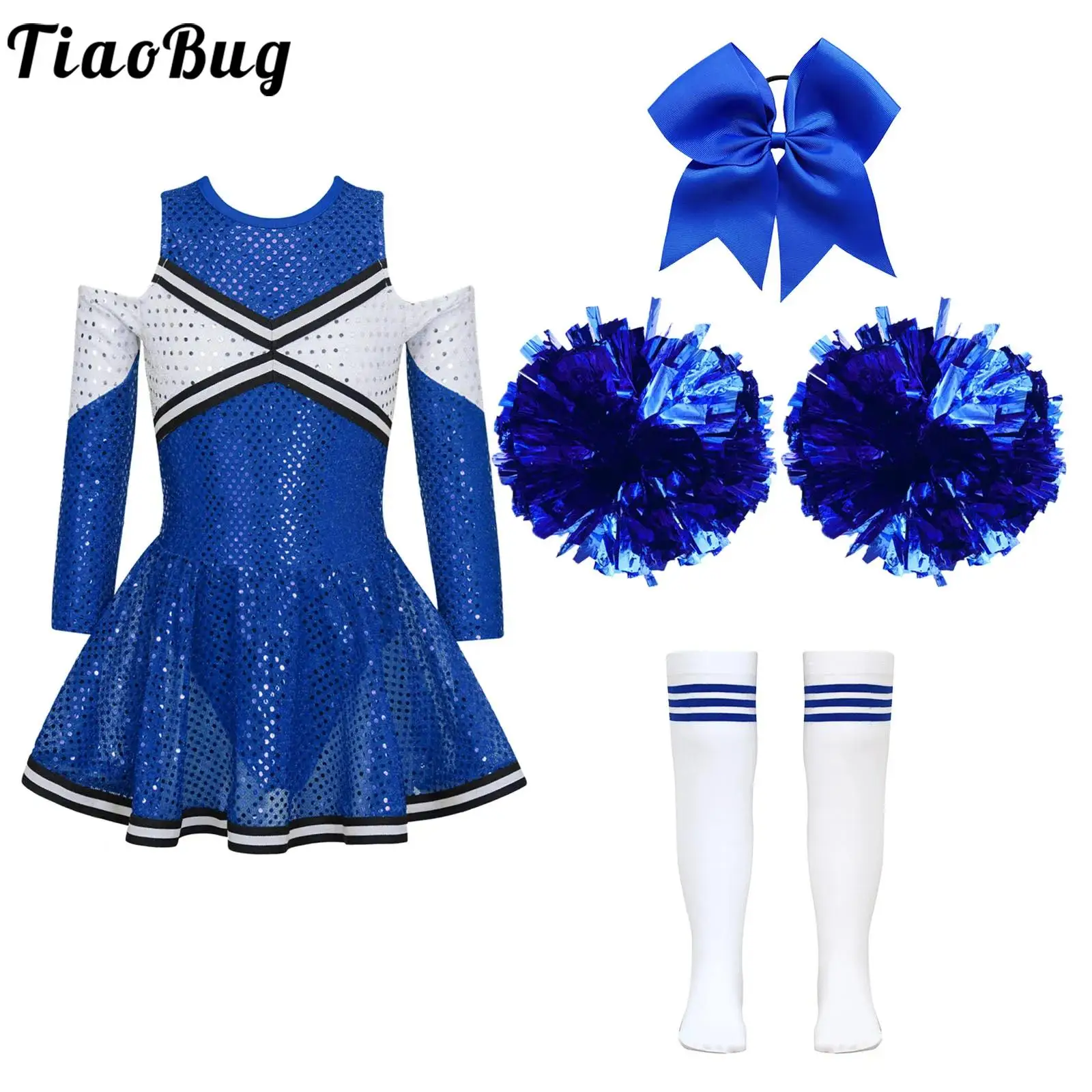 Cheer Leader Costume Schoolgirl Dance Outfit For Kids Girls Sequin Cheerleading Uniform Dress Con Pompon Socks Performance Suit