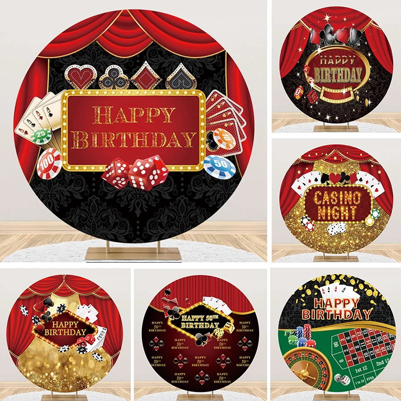 Casino Roulette Round Background Cover Poker Chips Dadi Las Vegas Night Photo Background Decorazioni Del Cerchio Della Festa Di Compleanno Dell'Uomo