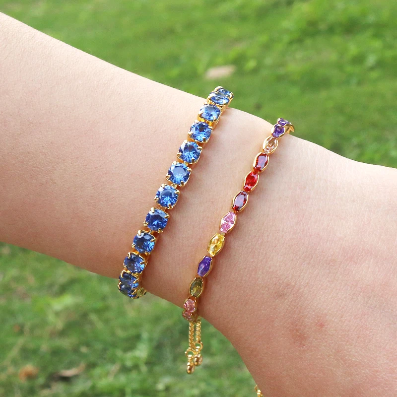 5Mm Blu Cubic Zirconia Oro 18 Carati Scintillante Arcobaleno Cristallo Tennis Cz Bracciali Per Le Donne Regalo Gioielli Da Sposa