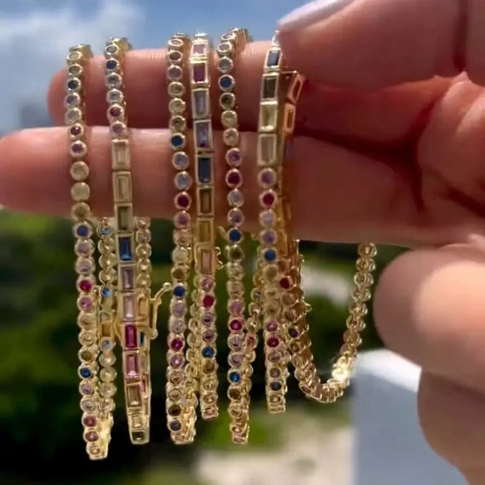 Bling Bezel White Colorful Rainbow Half Round Half Rectangle Cubic Zirconia Tennis Bracciale Per Donna Girl Fashion Jewelry