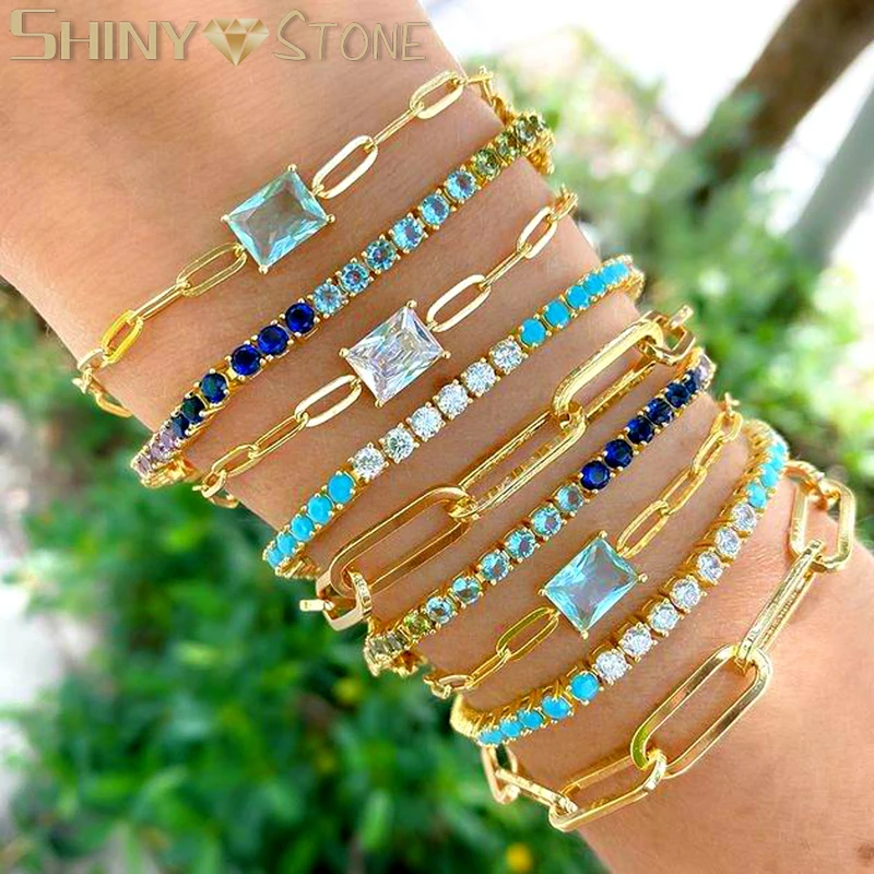 Bling Cubic Zirconia Paved Tennis Bracelet Gold Plated Rainbow Colorful Cz Link Chain Ice Out Hand Wedding Jewelry For Women