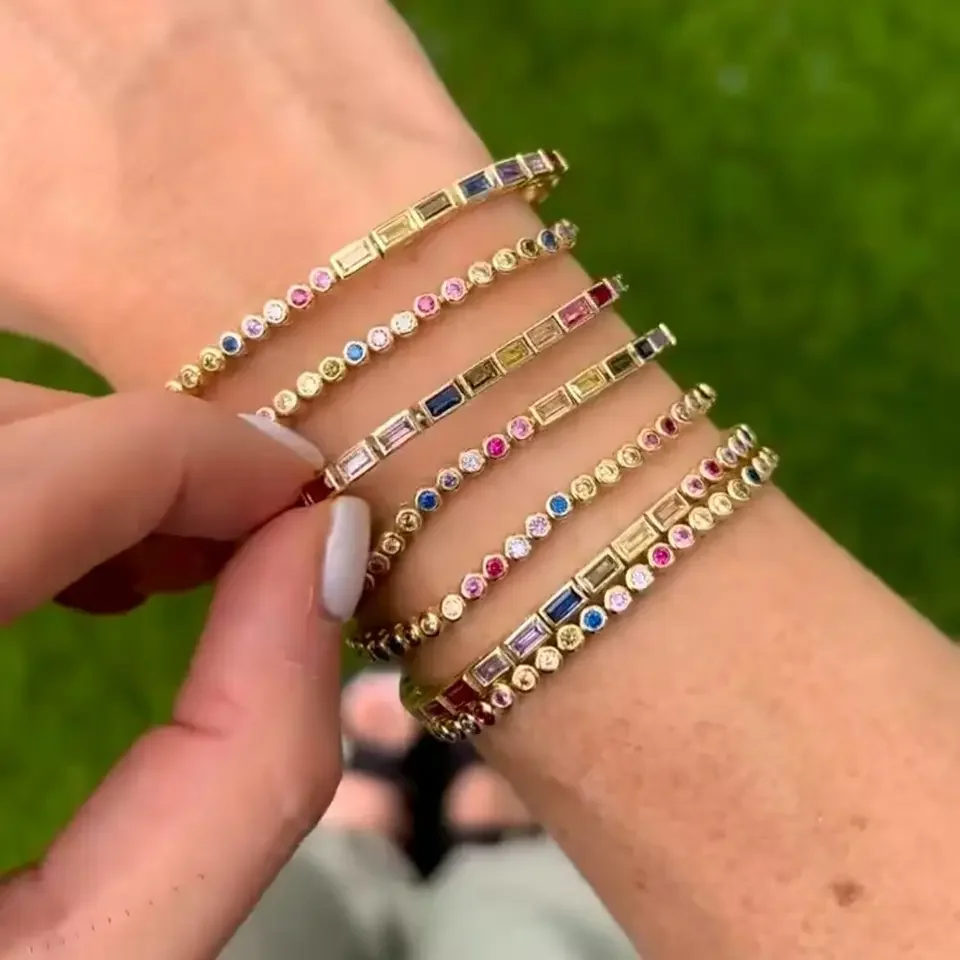 Bezel White Colorful Rainbow Half Round Half Rectangle Cubic Zirconia Tennis Bracciale Per Donna Girl Fashion Bling Cz Jewelry