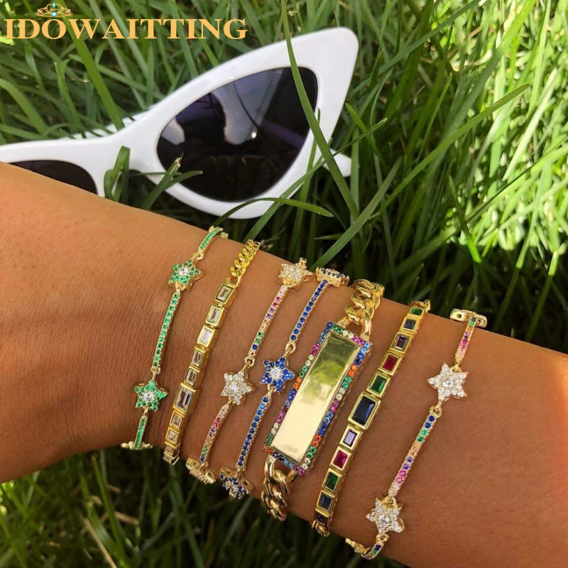 2022 New Colorful Rainbow Cz Bar Star Tennis Link Chain Bracelet 16 5Cm Gioielli Classici Di Moda Regolati Per Le Donne Natale