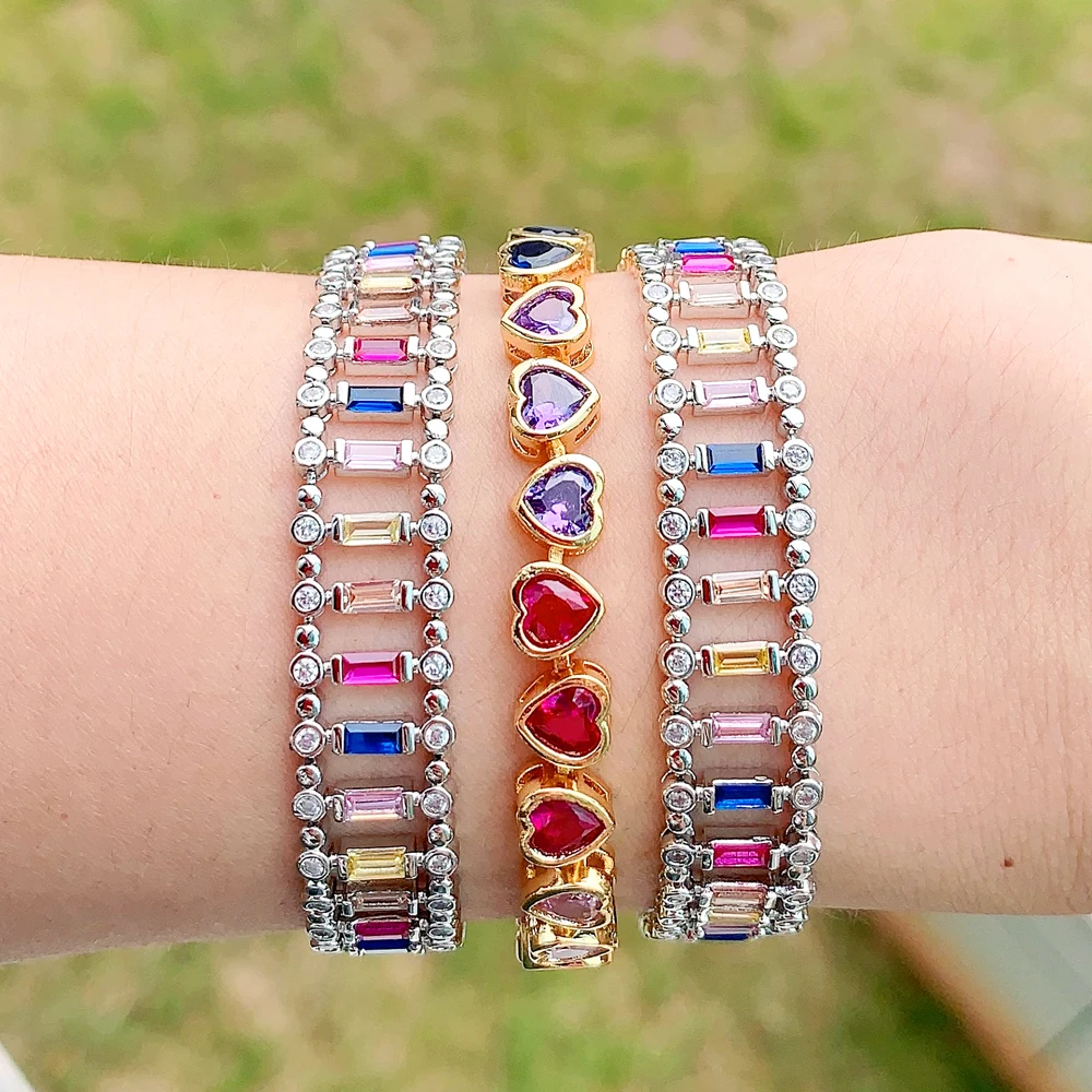 Bling Colorful Rectangle Heart Tennis Chain Bracciale Micro Pave 5A Cubic Zirconia Cz Rainbow Fashion Women Jewelry