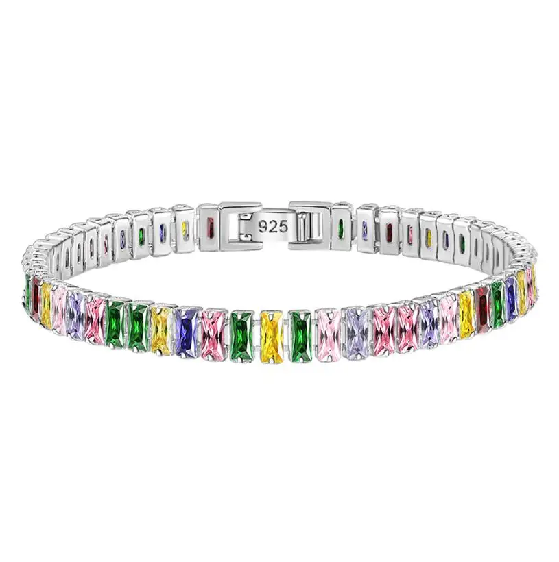 Bracciale Tennis Arcobaleno Moissanite Smeraldo 3X5Mm Bracciale Colorato In Argento Sterling 925 Placcato Oro Bianco 18 Carati Per Donna Uomo