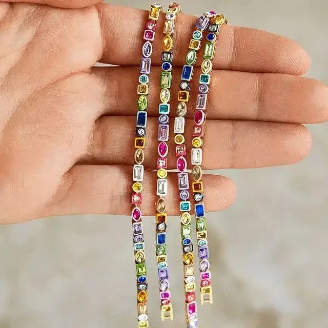 Estate Nuova Moda Arcobaleno Colorato Cz Bracciale A Catena Da Tennis Per Donna Ragazza Iced Out Bling Geometric Cubic Zirconia Jewelry 2024