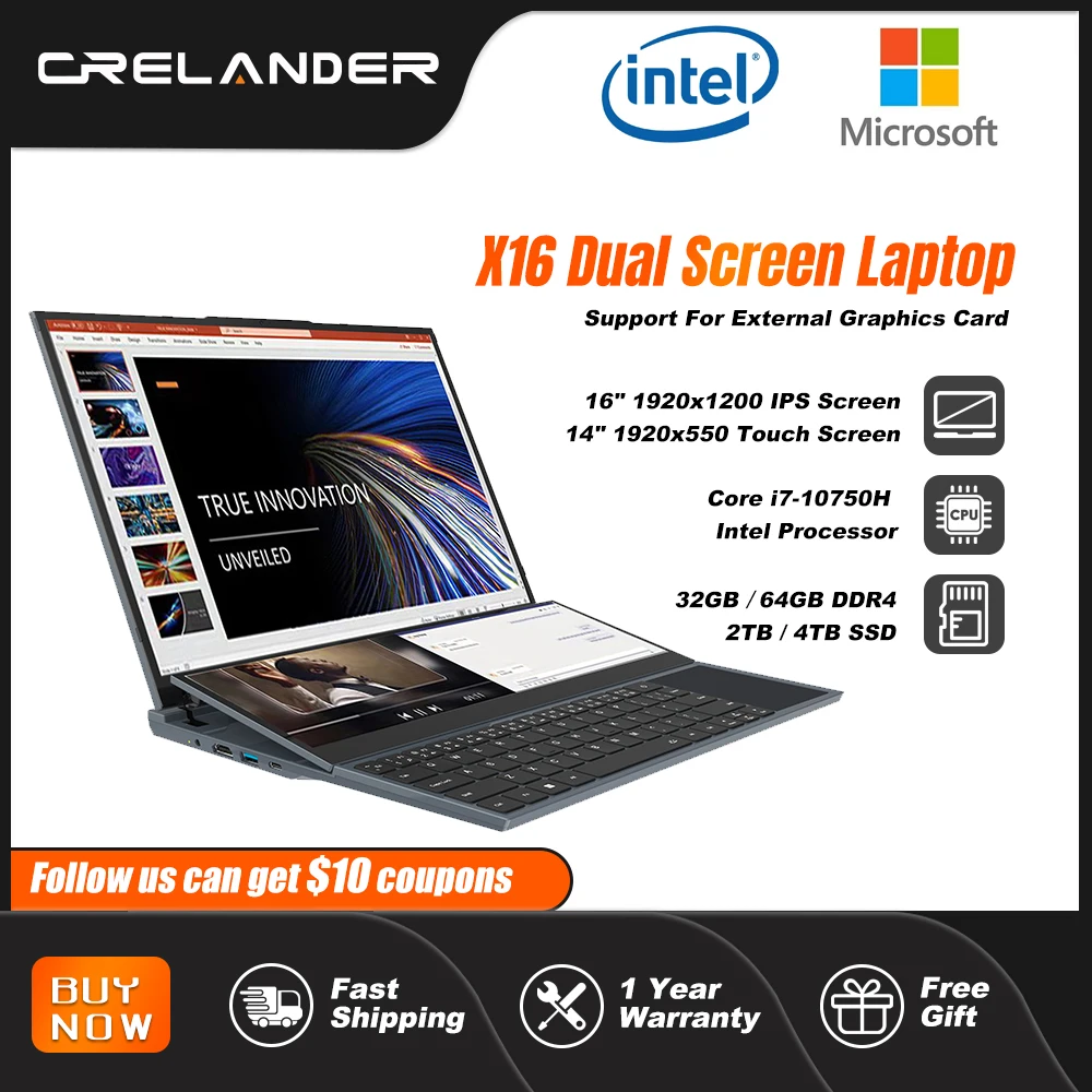 Crelander X16 Computer Portatili A Doppio Schermo 16 Pollici + 14 Pollici Touch Screen Intel Core I7 10750H Windows 11 Computer Portatile Per Pc Noteb