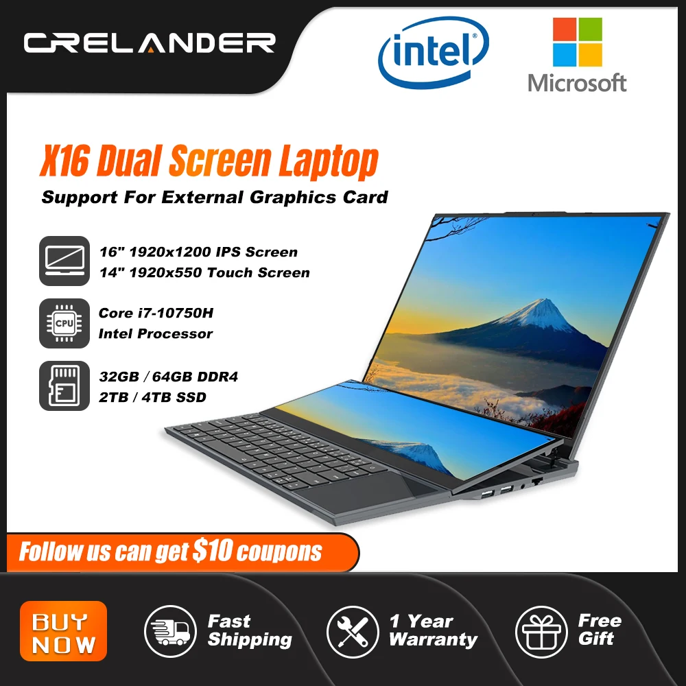 Crelander Dual Screen Laptop 16 Pollici 2K Lcd + 14 Pollici Touch Screen Core I7 10750H 64Gb Ram Zenbook Duo Laptop Gaming Notebook