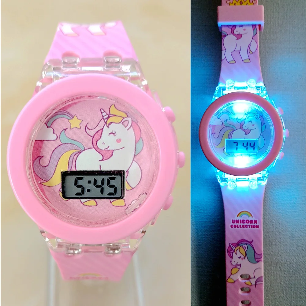 Cartoon Unicorn Children Watches For Kids Collection Digital Electronic Flash Glow Up Light Colorful Mickey Mouse Girls Clock
