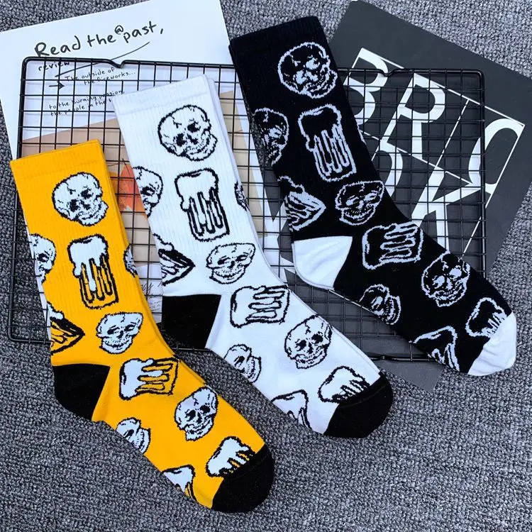 Drop Ship Adult Crew Fashion Socks Death Skull Skeleton Beer Color Blocking Drink A Toast Crash Full Stein Human Bones Cheers