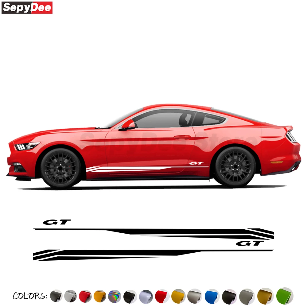 2Pcs Racing Sport Car Body Door Side Stripes Gonna Adesivi Per Ford Mustang Coupe Gt 2015- Shelby Gt500 Gt350 Accessori Auto