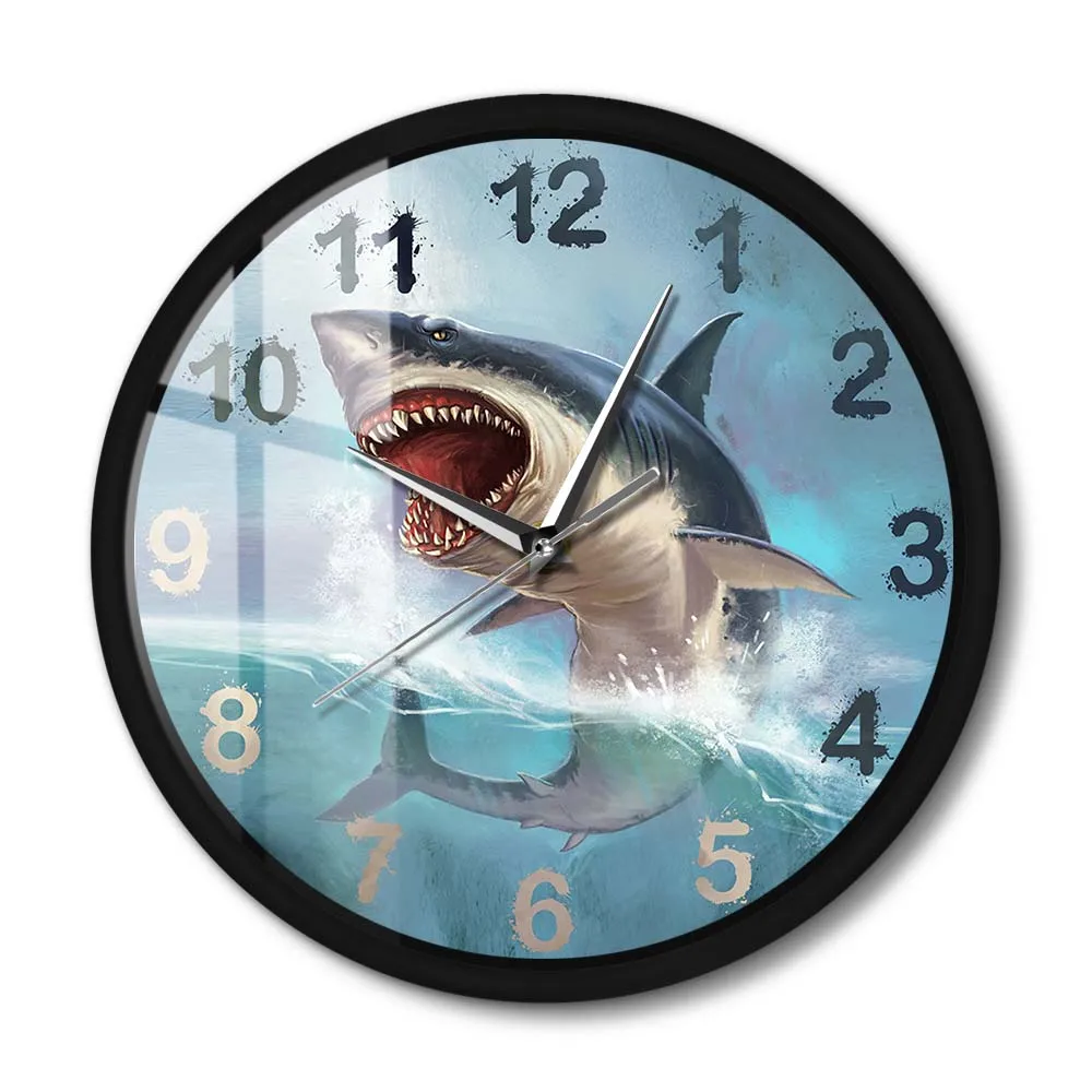 Hungry Great White Shark Orologio Da Parete Con Struttura In Metallo Sea Lift Art Home Decor Ocean Animal Aquarium Orologio Da Parete Silenzioso Per S