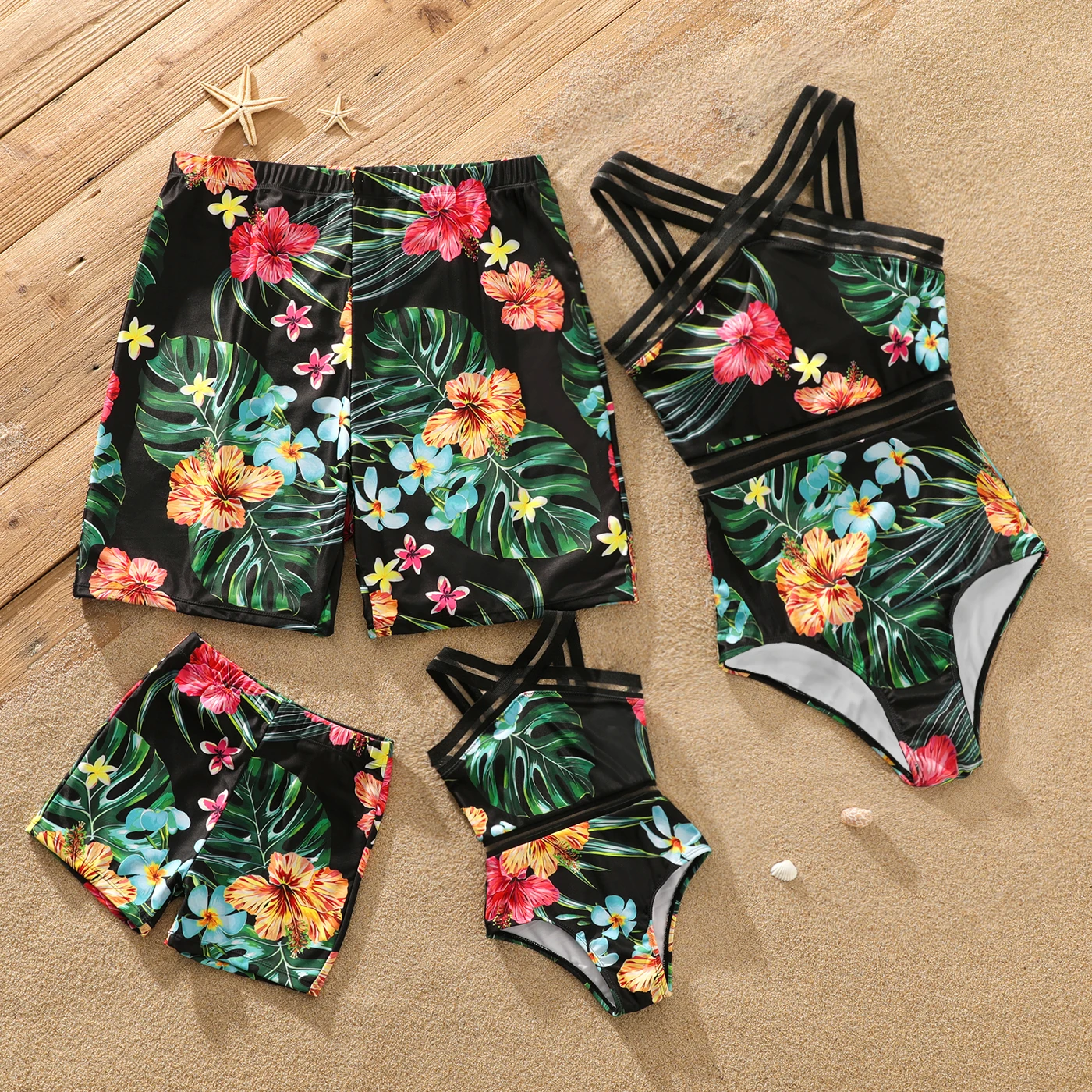 Patpat Family Matching All Over Tropical Plants Print Pantaloncini Da Bagno Neri E Costume Intero In Tessuto