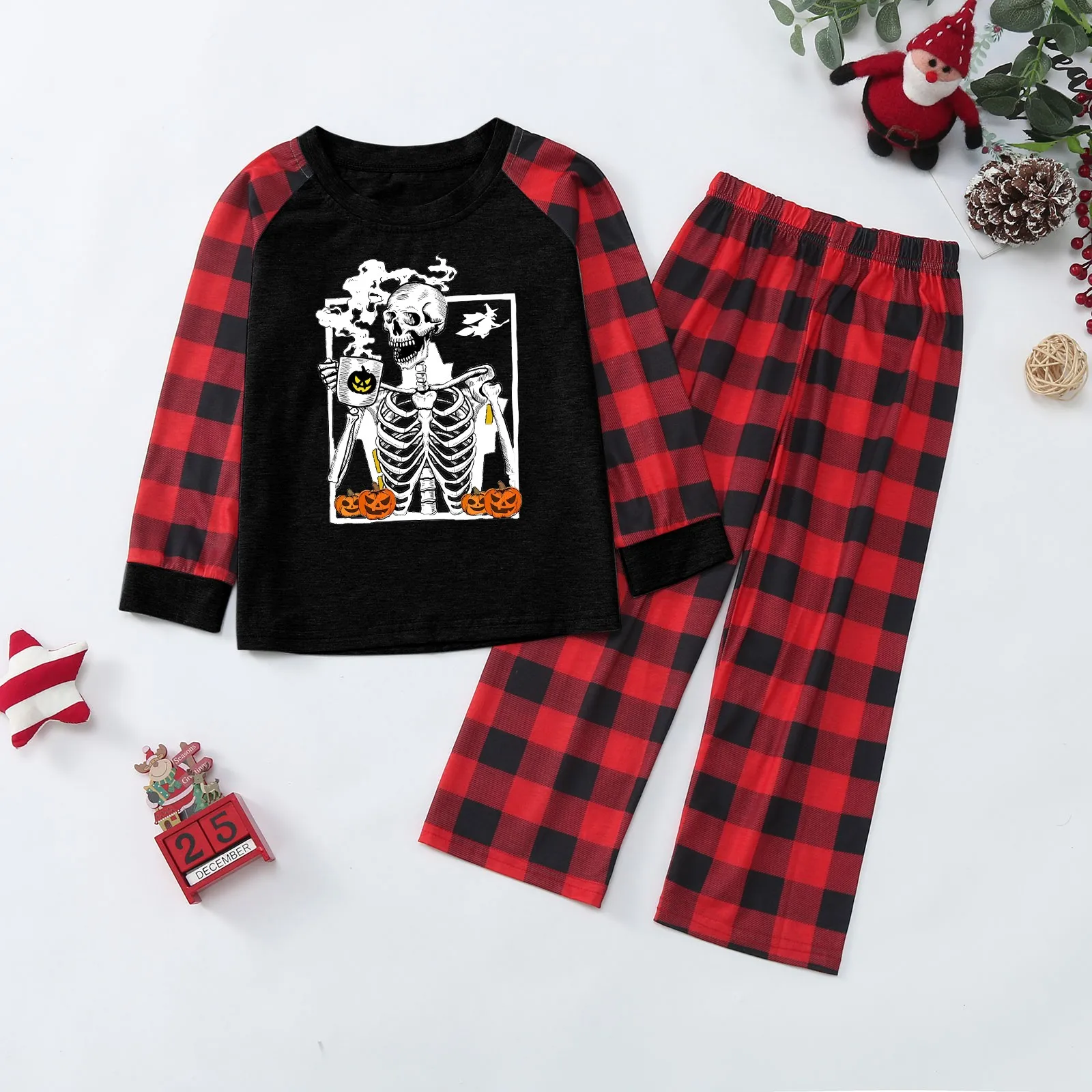 Halloween Funny Pumpkin Skeleton Plaid Print Maglietta A Maniche Lunghe Top E Pantaloni Holiday Family Matching Family Plaid Pigiama