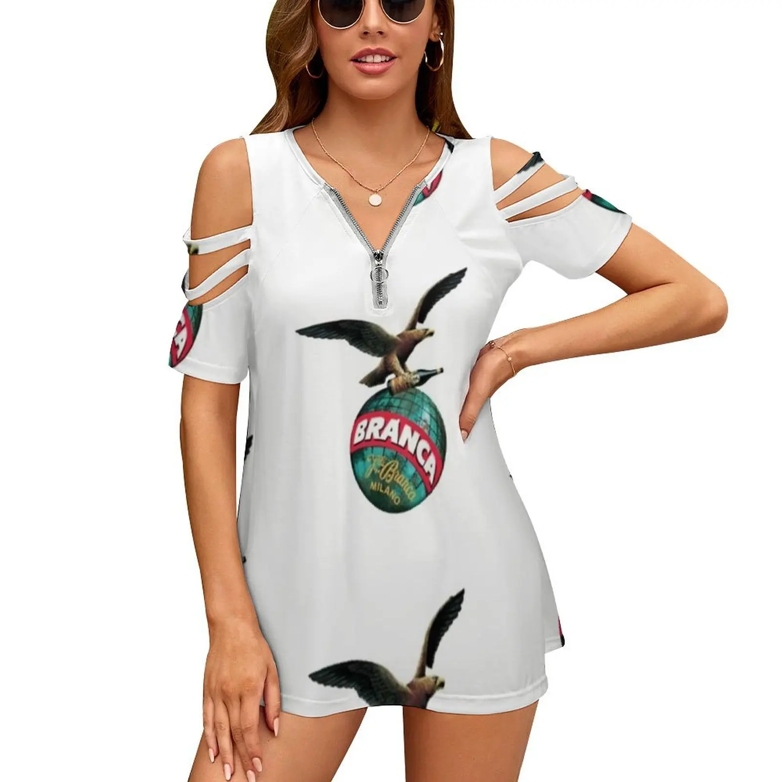 Fernet Branca New Fashion Zip Off Spalla Top Manica Corta Camicia Donna Fernet Branca