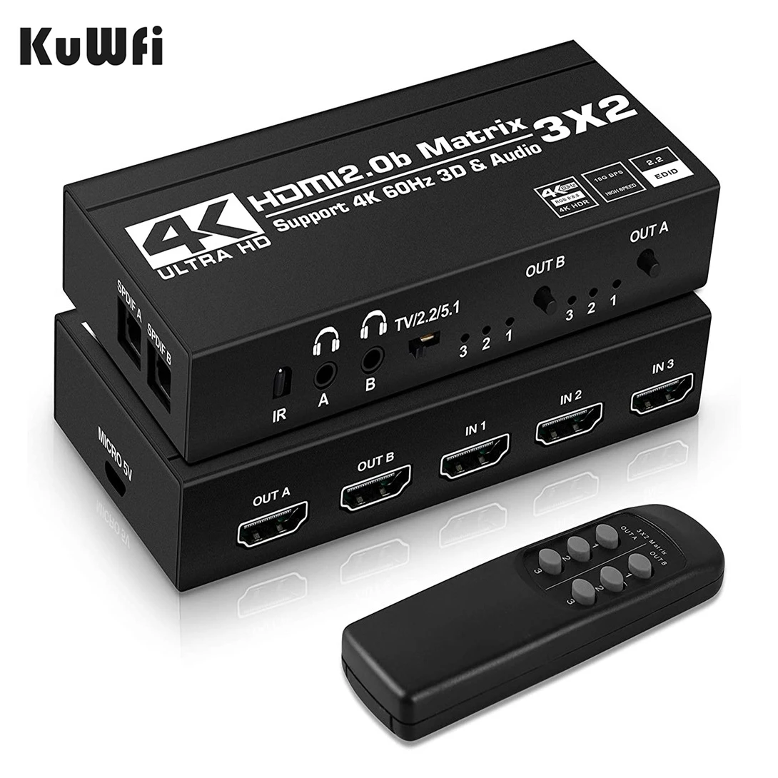 Kuwfi 4K/60Hz Hdmi Switch Remote 3X2 Switcher Dual Audio Extractor 2.0B Matrix Splitter Per Ps4/5 Xbox Tv Dvd Hd Player