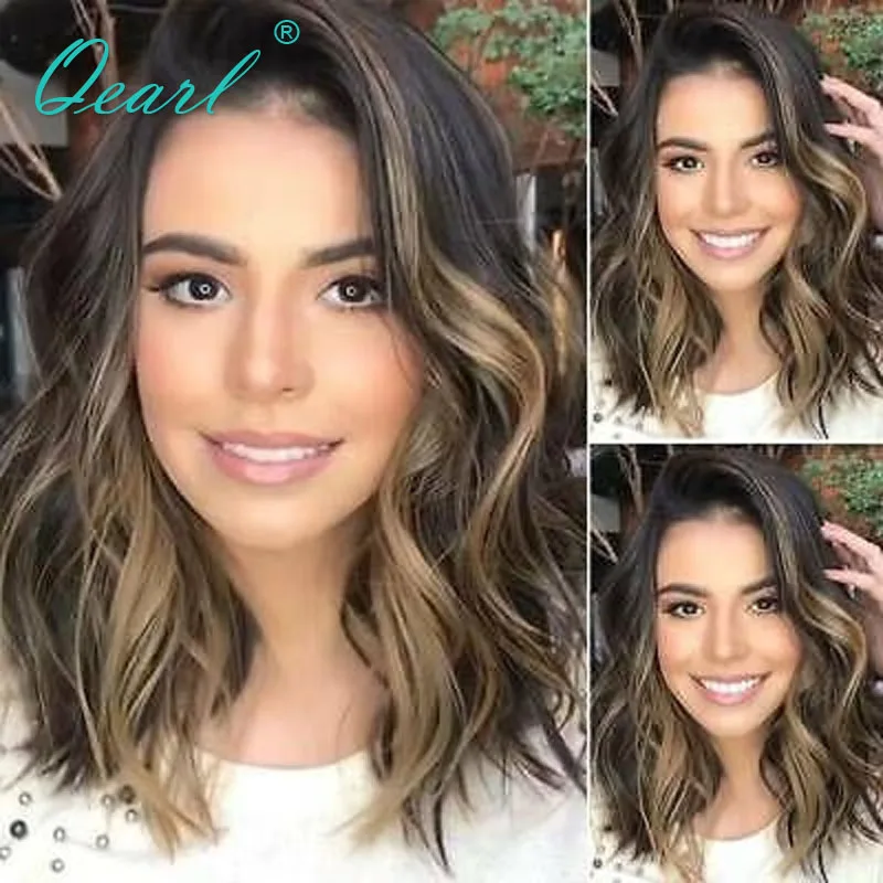 Ombre Short Bob Wavy Human Hair Lace Front Wigs Hd Invisibile 13X 4 Parrucca Frontale In Pizzo Per Le Donne Brown Honey Blonde Highlights Qearl