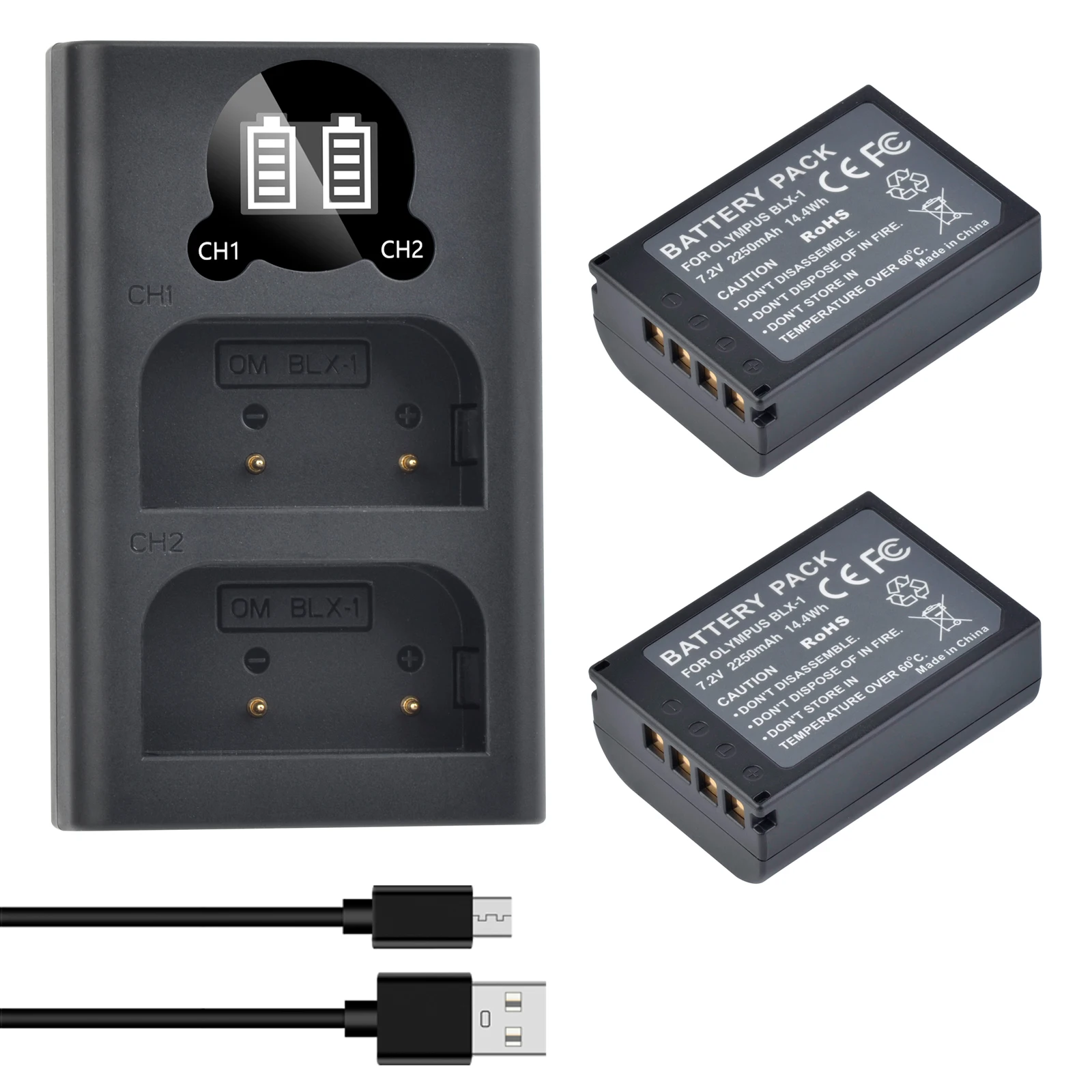 Per Batteria Fotocamera Olympus Blx-1 Blx1 + Doppio Caricatore Usb Led Per Olympus Om-1 Om1 2250Mah