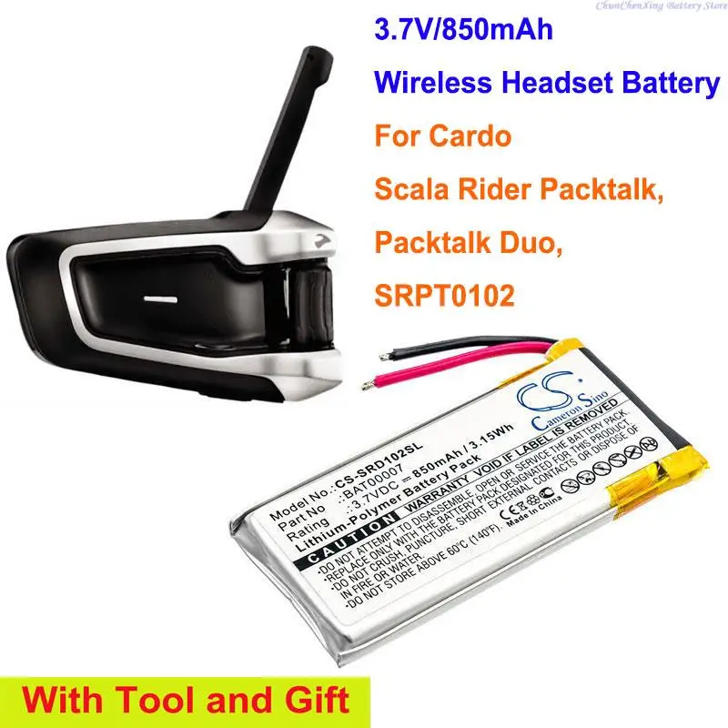 Batteria Per Cuffie Wireless Cameron Sino 850Mah Per Cardo Scala Rider Packtalk, Packtalk Duo, Srpt0102