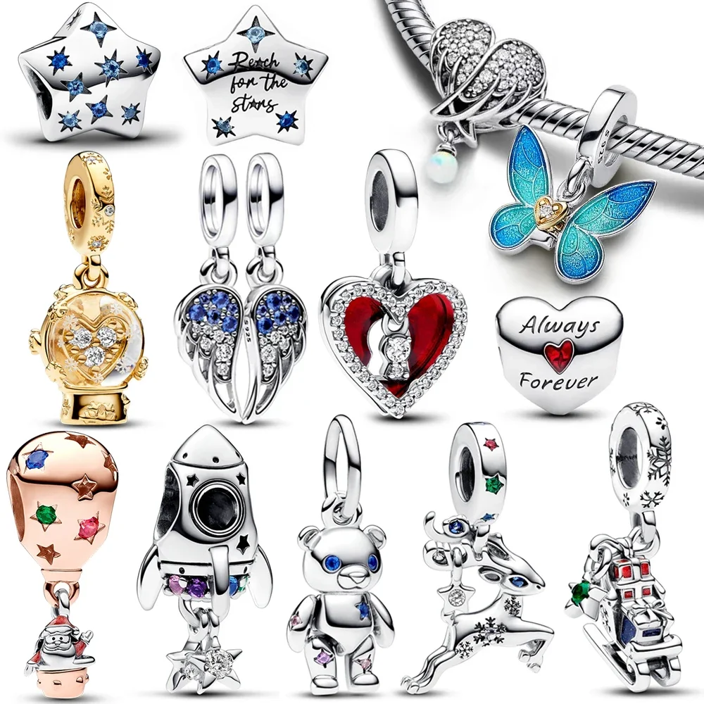 Autentico 14K Gold Snowball 925 Sterling Silver Pave Angel Wings Charm Fit Bracciale Pandora Originale Regalo Di Gioielli Di Natale Fai Da Te
