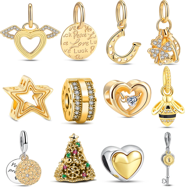 Gold Series Star Heart Wings Bee Tree Key Charm Ciondola Fit Bracciale Pandora Originale Gioielli In Argento Sterling 925 Perline Fai Da Te