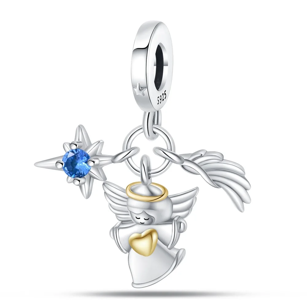 Artistico 925 Sterling Silver Gold Love Little Angel Star Wings Triple Charm Fit Pandora Bracciale Accessori Per Banchetti Da Donna