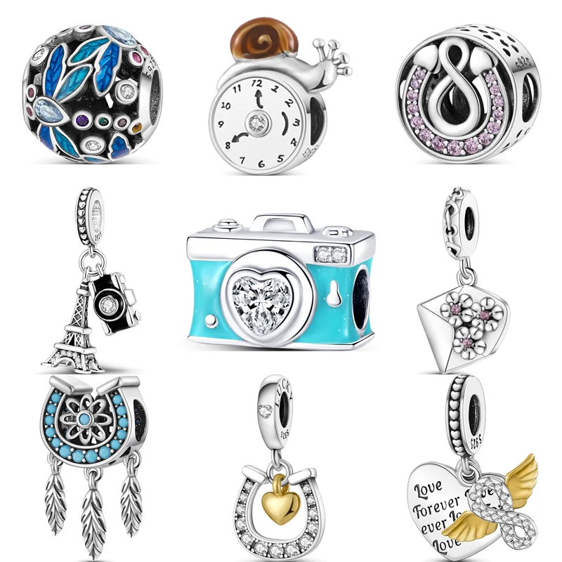 100% 925 Sterling Silver Snail Time Camera Tower Gold Heart Wing Ciondolo Perline Fit Originale Pandora Charms Bracciale Gioielleria Raffinata