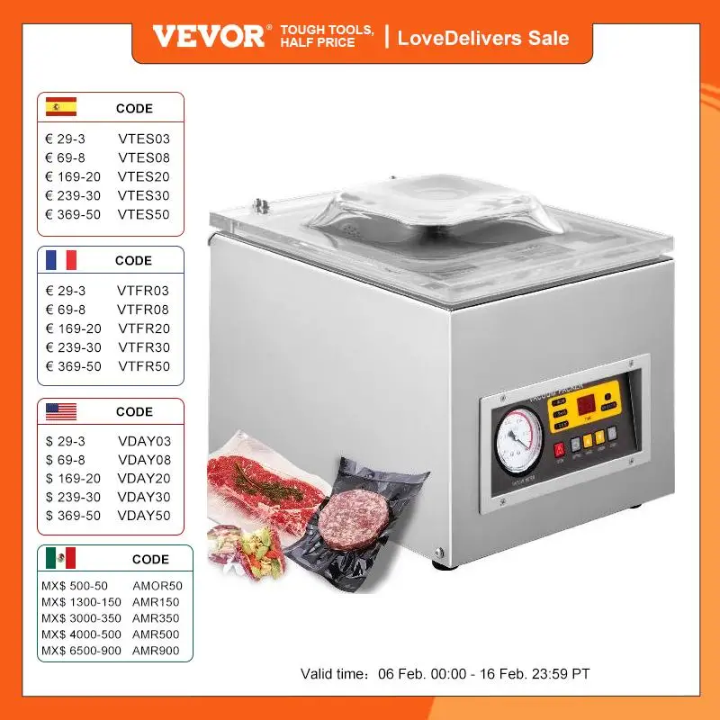 Vevor Dz-260S - Macchina Per Sottovuoto, 120 W, 3 M³ All'Ora, Sigillante Per Pellicola, Camera In Acciaio Inox