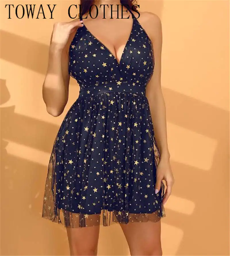 Vestito Per Le Donne Natale Sexy Backless Party Dress Shiny Star Paillettes Club Abito Corto Stampa Blu Scuro Scollo A V Una Linea Spiaggia