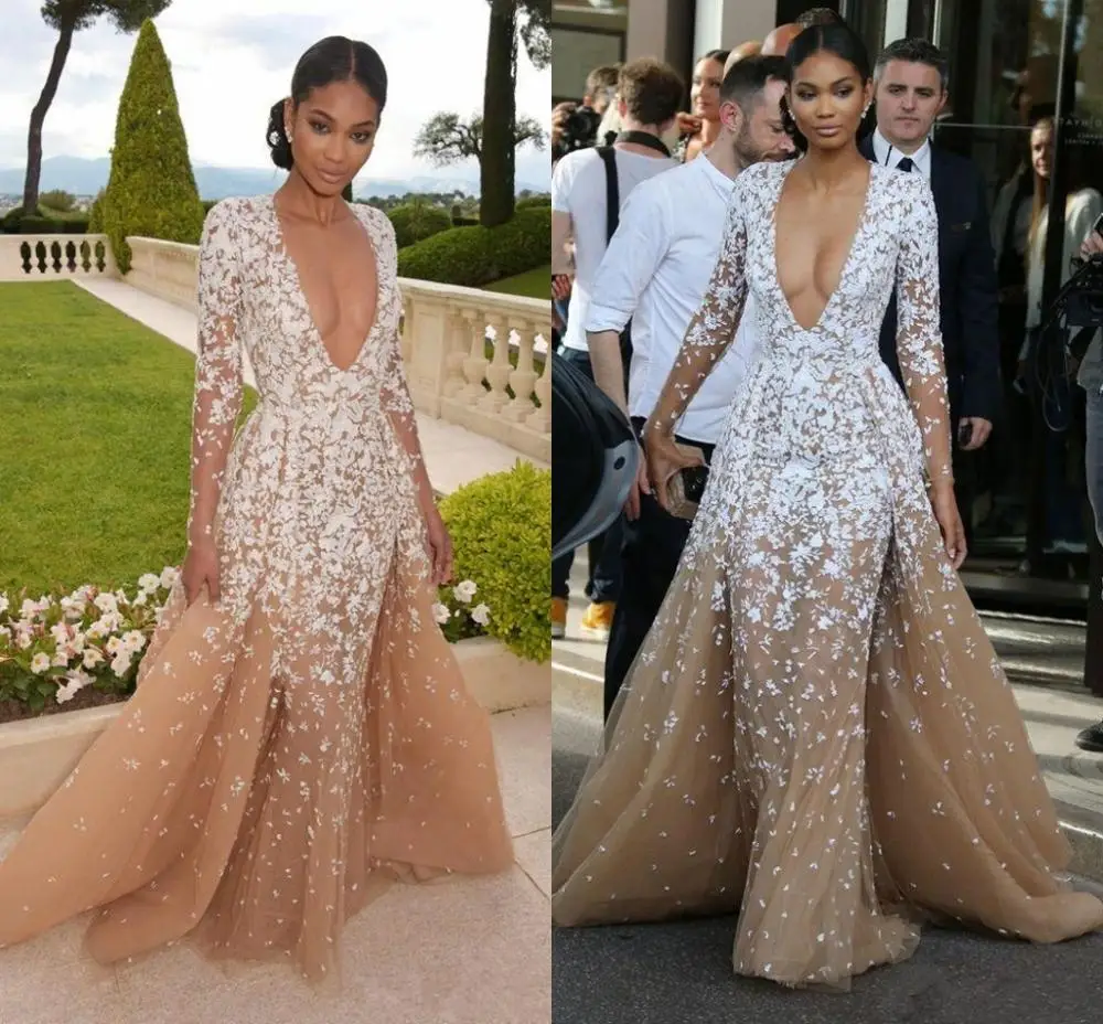 2020 Zuhair Murad Abiti Da Sera Maniche Lunghe Champagne Formale Cleberity Pageant Deep V Neck Applique Prom Party Dress Sweep