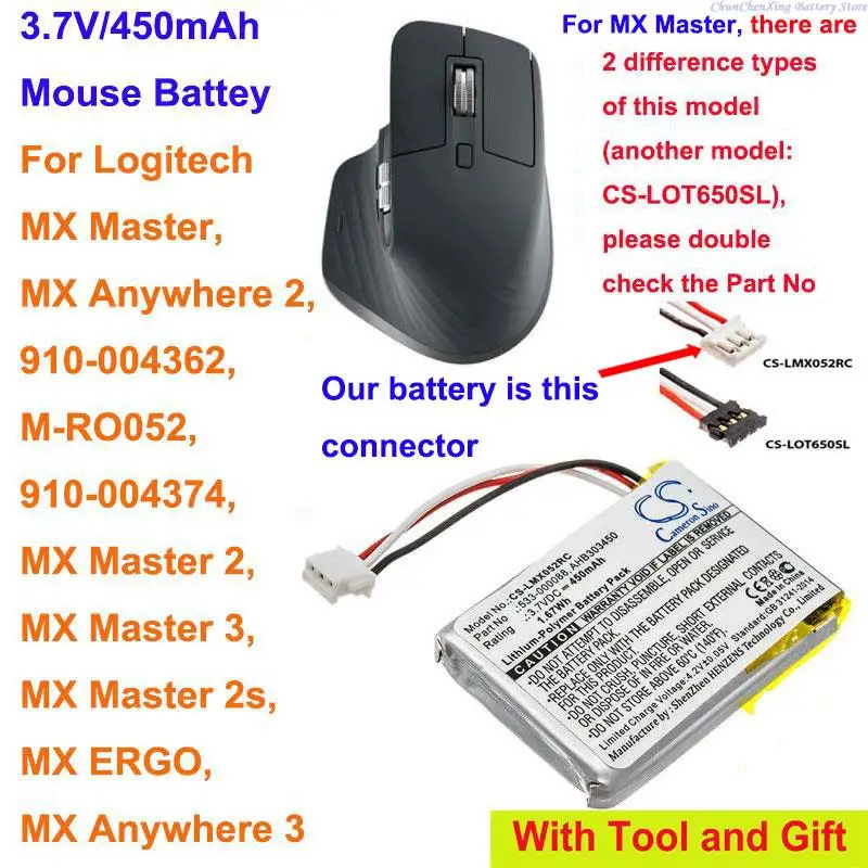 Batteria Cameron Sino 450Mah Per Logitech M-Ro052, Mx Anywhere 2, Mx Master, Mx Master 2, Mx Master 2S, Mx Master 3,Mx Anywhere 3