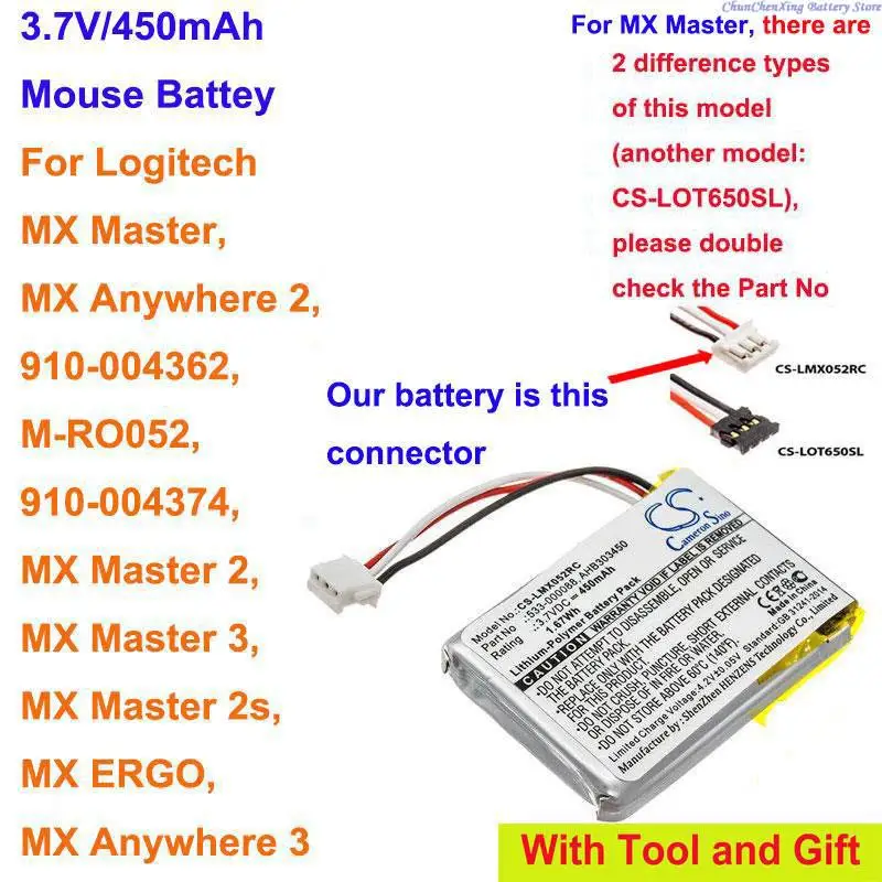 Batteria Per Mouse Cs 450Mah Per Logitech M-Ro052, Mx Anywhere 2, Mx Master, Mx Master 2, Mx Master 2S, Mx Master 3,Mx Anywhere 3