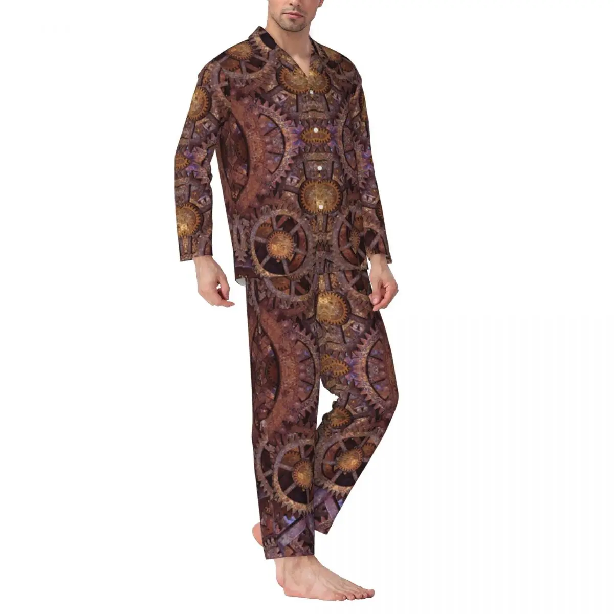 Industrial Steampunk Sleepwear Spring Rusted Clockwork Vintage Vintage Oversize Pigiama Set Uomo Manica Lunga Warm Night Wear