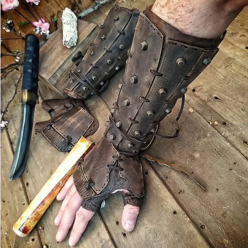 Medievale Steampunk Samurai Bracciale In Pelle Guanto Lungo Guanto Vichingo Pirata Cavaliere Cosplay Accessorio Bracciale Armatura Per Uomo Larp