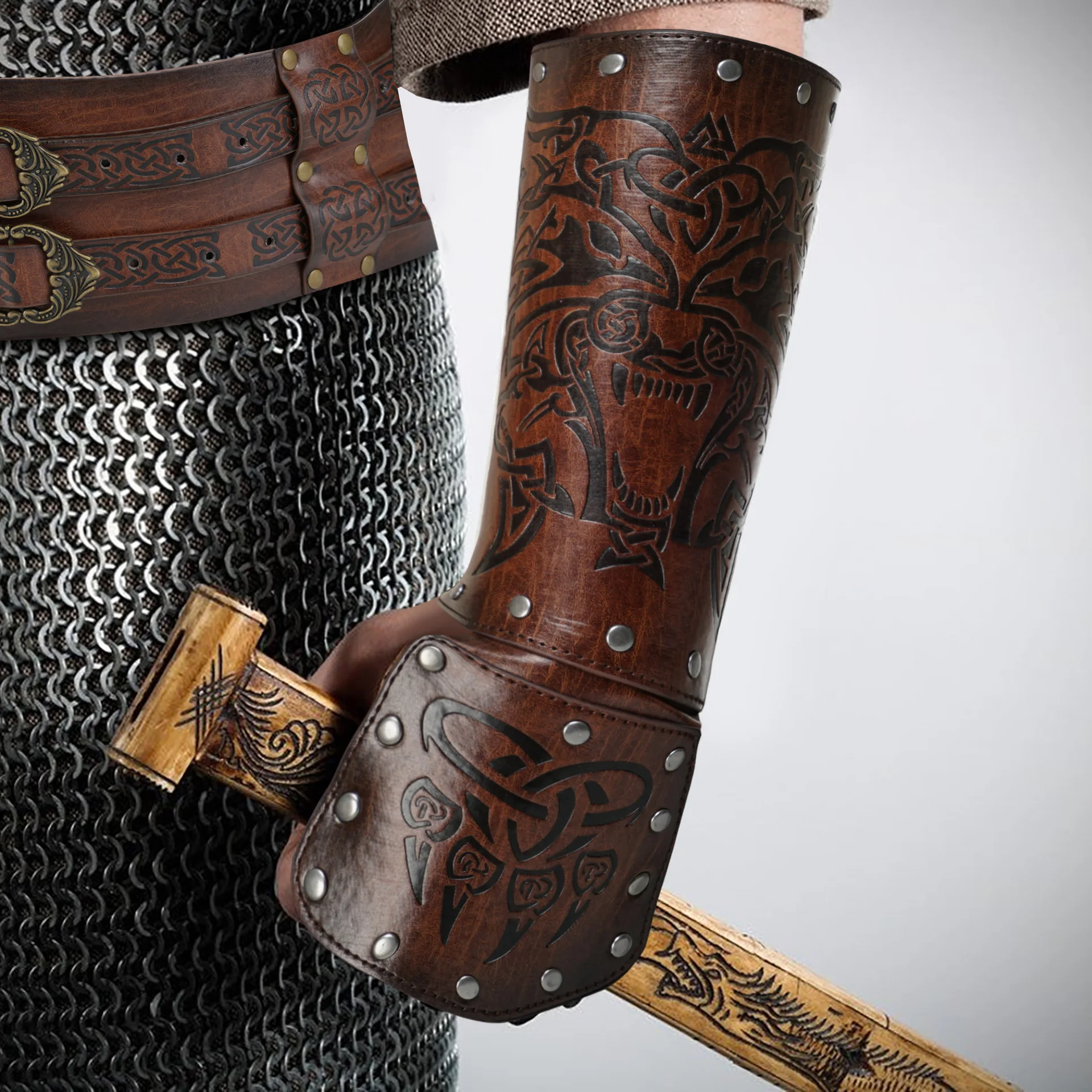 Samurai Medievale Armatura In Pelle Bracciale Guanti Lunghi Uomo Cosplay Cavaliere Guanto Stringate Polsino Steampunk Accessori Vambraces