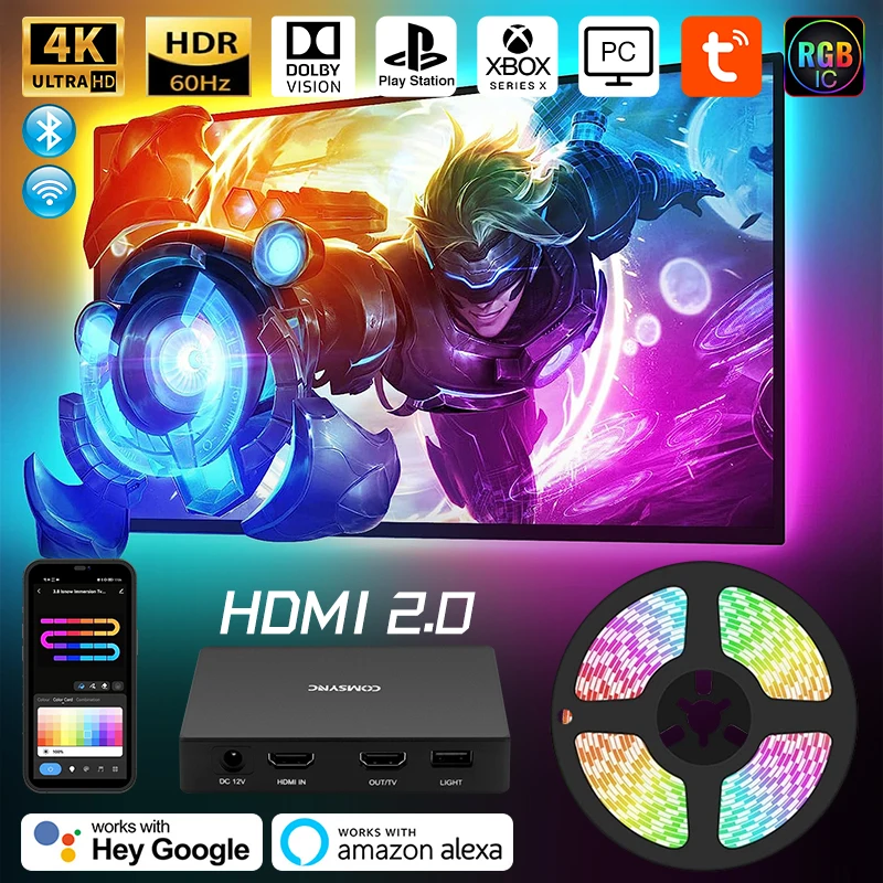 Rgb Ic Smart Ambient Tv Led Strip Retroilluminazione Kit Per 4K Hdmi 2.0 Tv Pc Device Sync Box Wifi Alexa Voice Google Assistant Control